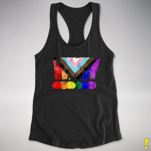 LGBTQ Progress Pride Grunge Exclamation Points Racerback Tank - Black