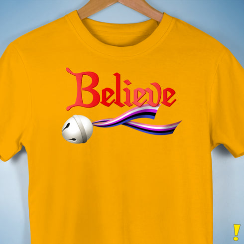 Believe Genderfluid Pride Jingle Bell Premium Unisex T-Shirt - Gold