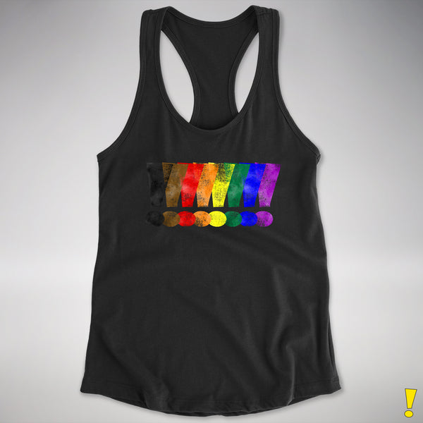 Distressed Philly LGBTQ Pride Whee! Exclamation Points Racerback Tank - Black