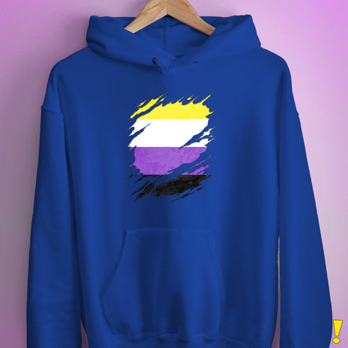 Nonbinary Pride Flag Ripped Reveal Hoodie - Royal Blue