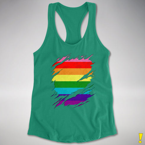 Original Gilbert Baker LGBTQ Gay Pride Flag Ripped Reveal Racerback - Kelly Green