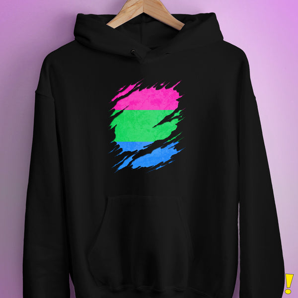 Polysexual Pride Flag Ripped Reveal Hoodie - Black