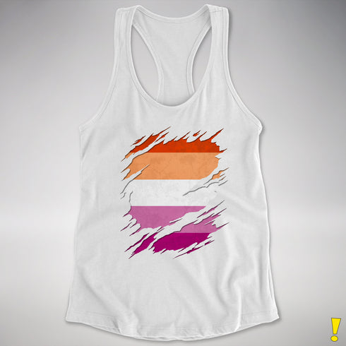 Lesbian Pride Flag Ripped Reveal Racerback Tank - White
