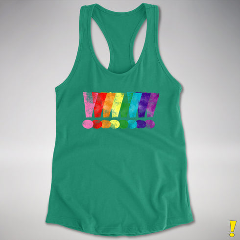 Distressed Gilbert Baker LGBTQ Pride Exclamation Points Racerback Tank - Kelly Green