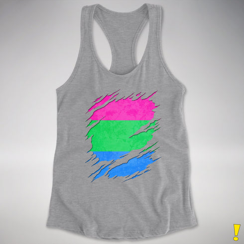 Polysexual Pride Flag Ripped Reveal Racerback Tank - Heather Grey