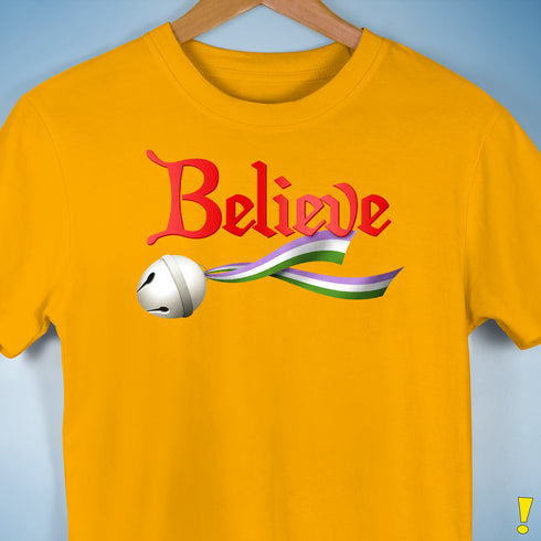 Believe Genderqueer Pride Jingle Bell Premium Unisex T-Shirt - Gold