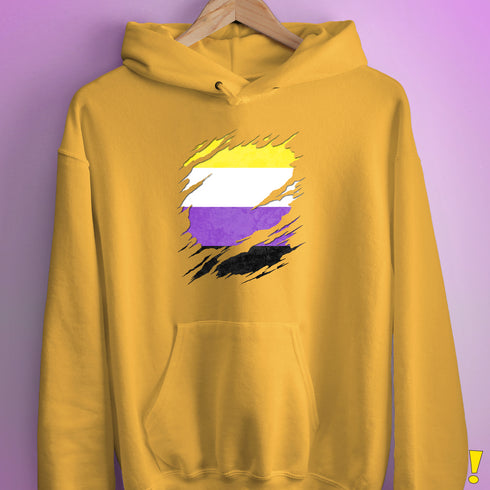 Nonbinary Pride Flag Ripped Reveal Hoodie - Mustard