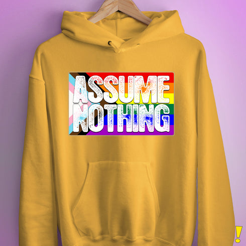 Assume Nothing LGBTQ Progress Pride Flag Hoodie - Mustard