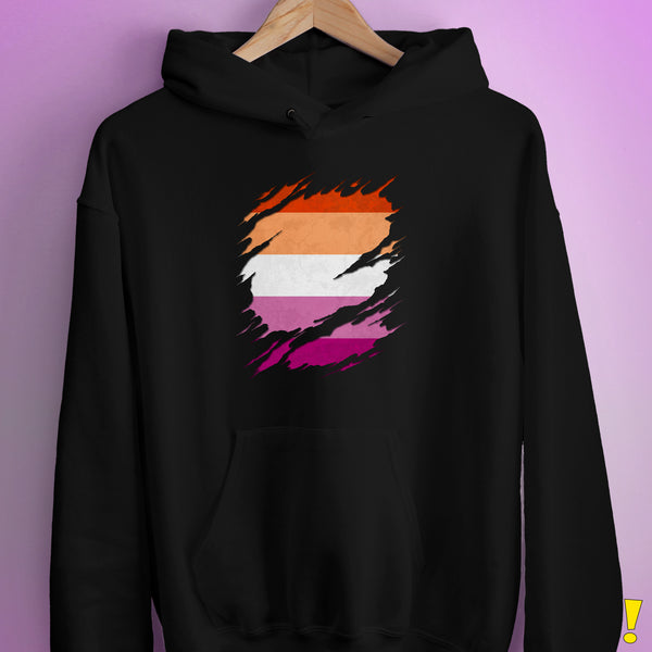 Lesbian Pride Flag Ripped Reveal Hoodie - Black
