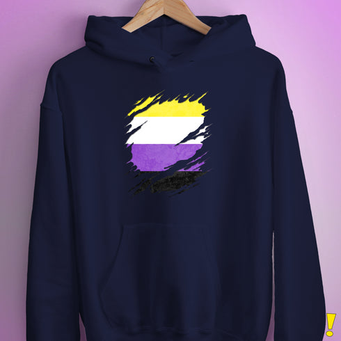 Nonbinary Pride Flag Ripped Reveal Hoodie - Navy