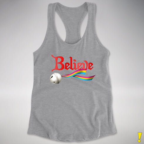 Believe Pansexual Pride Jingle Bell Racerback Tank - Heather Grey
