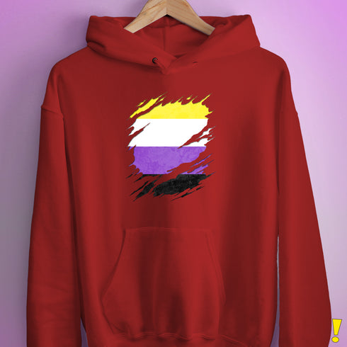 Nonbinary Pride Flag Ripped Reveal Hoodie - Red