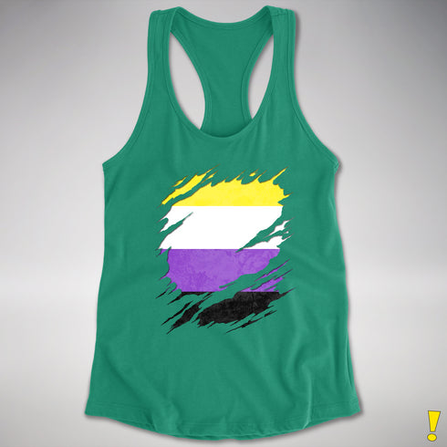Nonbinary Pride Flag Ripped Reveal Racerback Tank - Kelly Green