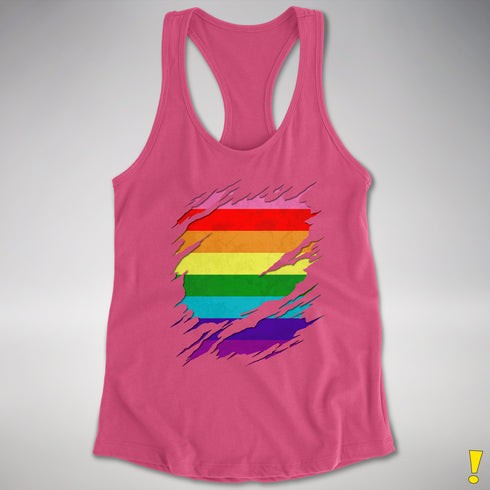 Original Gilbert Baker LGBTQ Gay Pride Flag Ripped Reveal Racerback - Hot Pink