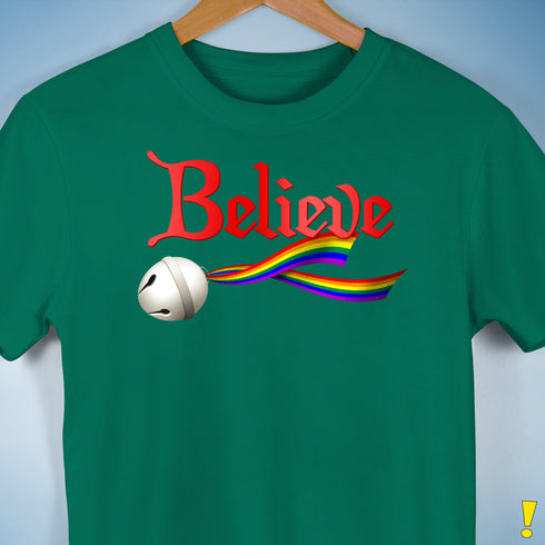 Believe LGBTQ Rainbow Pride Jingle Bell Premium Unisex T-Shirt - Kelly Green
