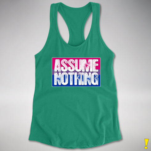 Assume Nothing Bisexual Pride Flag Racerback Tank - Kelly Green