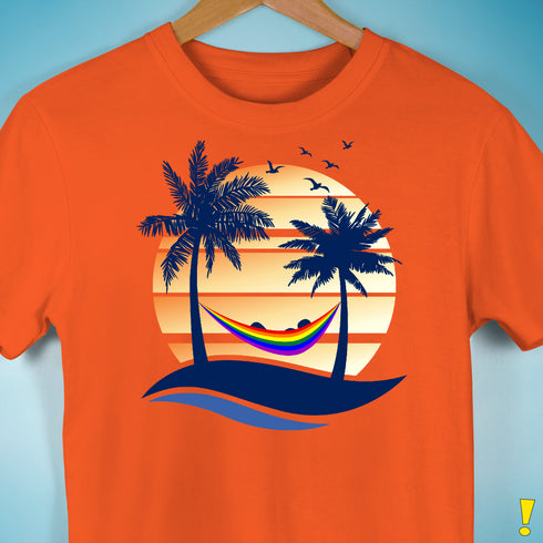LGBTQ Pride Hammock Summer Beach Sunset Premium Unisex T-Shirt - Orange