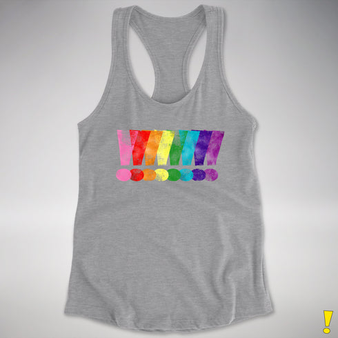 Distressed Gilbert Baker LGBTQ Pride Exclamation Points Racerback Tank - Heather Grey