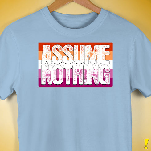 Assume Nothing Lesbian Pride Flag Premium Unisex T-Shirt - Baby Blue