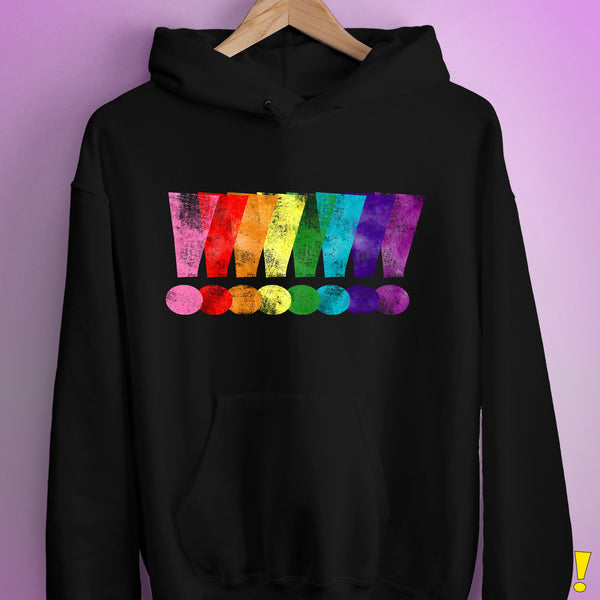 Distressed Gilbert Baker LGBTQ Pride Exclamation Points Hoodie - Black