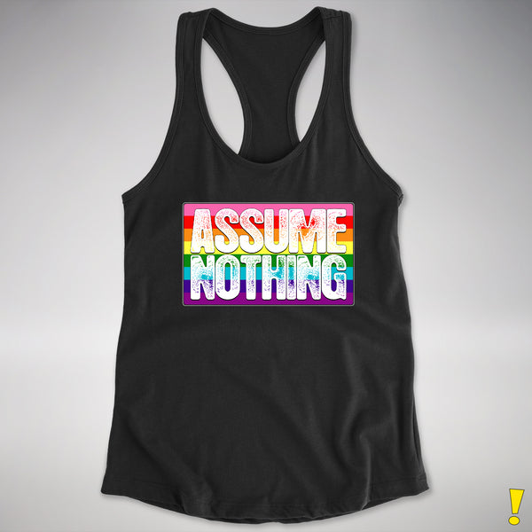 Assume Nothing Gilbert Baker Original LGBTQ Gay Pride Flag Racerback - Black