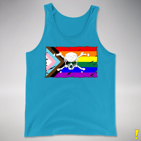 LGBTQ Progress Pride Pirate Flag Premium Tank Top - Neon Blue