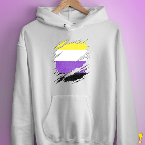 Nonbinary Pride Flag Ripped Reveal Hoodie - White