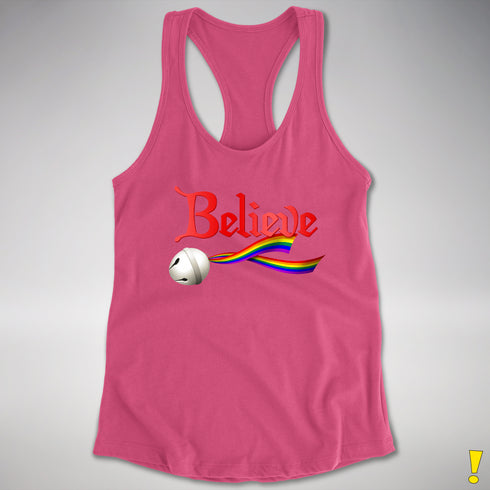 Believe LGBTQ Rainbow Pride Jingle Bell Racerback Tank - Hot Pink
