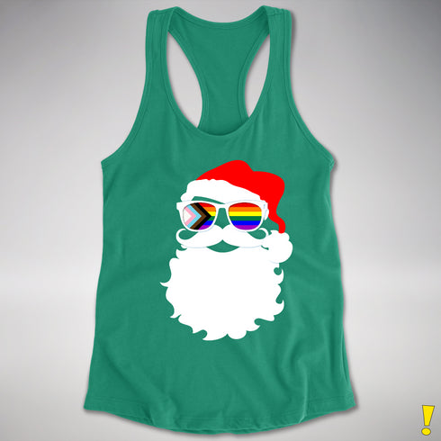 Santa’s LGBTQ Progress Pride Flag Shades Racerback Tank - Kelly Green