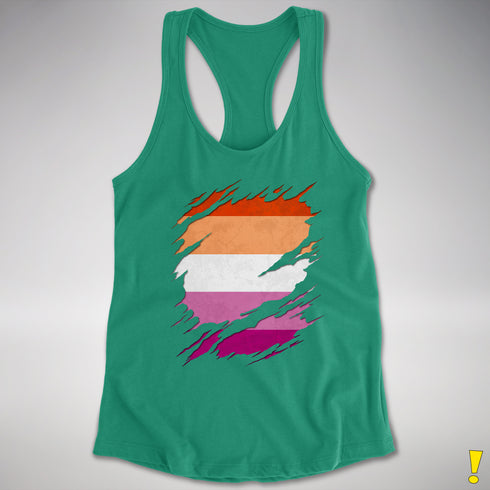 Lesbian Pride Flag Ripped Reveal Racerback Tank - Kelly Green