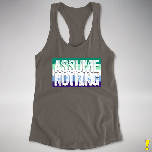 Assume Nothing Gay Male Pride Flag Racerback Tank - Dark Grey
