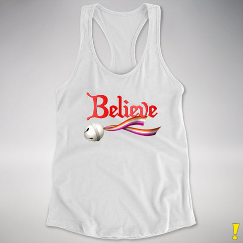 Believe Lesbian Pride Jingle Bell Racerback Tank - White