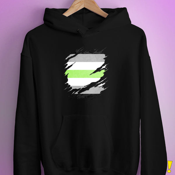Agender Pride Flag Ripped Reveal Hoodie - Black