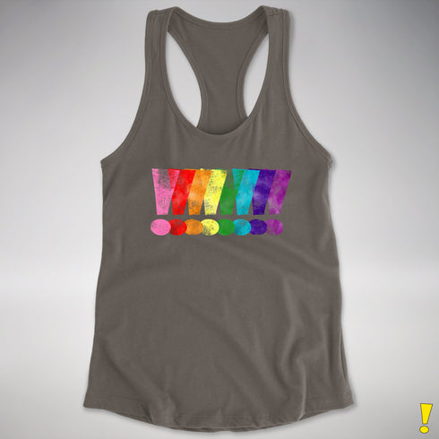 Distressed Gilbert Baker LGBTQ Pride Exclamation Points Racerback Tank - Dark Grey