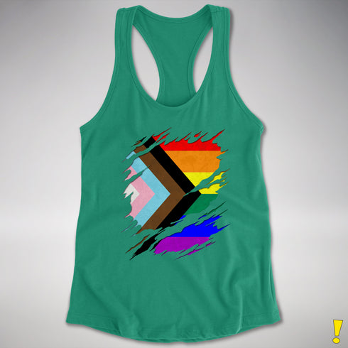 LGBTQ Progress Pride Flag Ripped Reveal Racerback Tank - Kelly Green