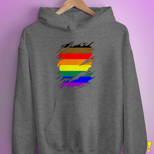 Philly LGBTQ Gay Pride Flag Ripped Reveal Hoodie - Grey Heather