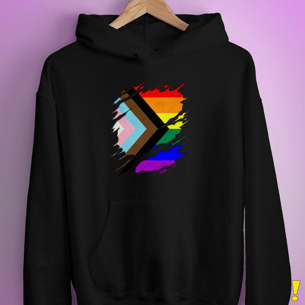 LGBTQ Progress Pride Flag Ripped Reveal Hoodie - Black
