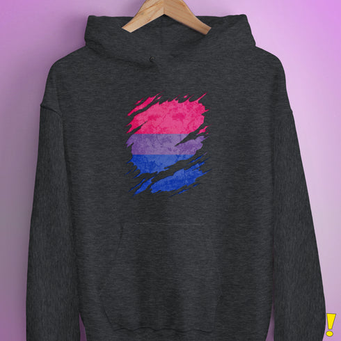 Bisexual Pride Flag Ripped Reveal Hoodie - Dark Grey Heather