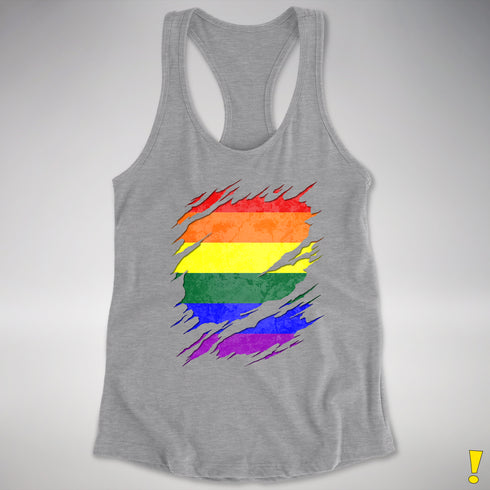 LGBTQ Pride Flag Ripped Reveal Racerback Tank - Heather Grey