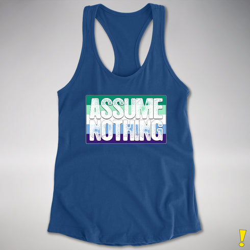 Assume Nothing Gay Male Pride Flag Racerback Tank - Royal