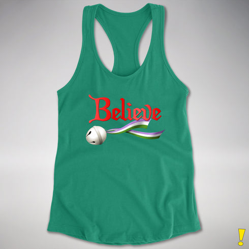 Believe Genderqueer Pride Jingle Bell Racerback Tank - Kelly Green