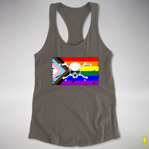 LGBTQ Progress Pride Pirate Flag Racerback Tank - Dark Grey