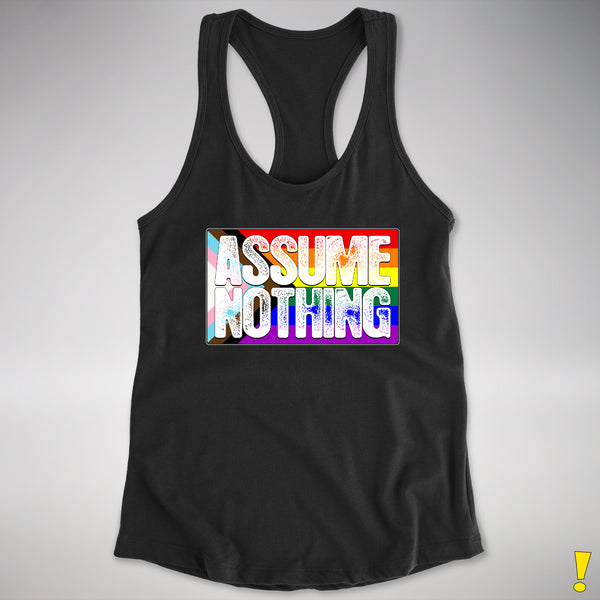 Assume Nothing LGBTQ Progress Pride Flag Racerback Tank - Black