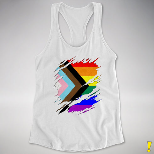 LGBTQ Progress Pride Flag Ripped Reveal Racerback Tank - White