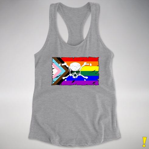 LGBTQ Progress Pride Pirate Flag Racerback Tank - Heather Grey