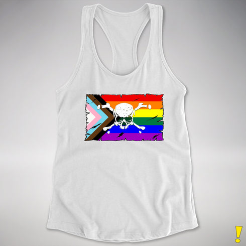 LGBTQ Progress Pride Pirate Flag Racerback Tank - White