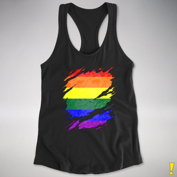 LGBTQ Pride Flag Ripped Reveal Racerback Tank - Black