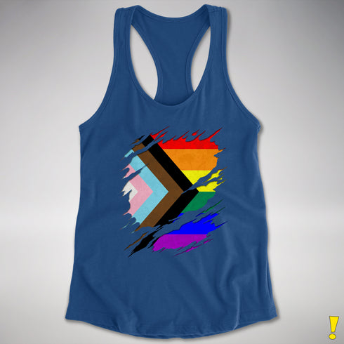 LGBTQ Progress Pride Flag Ripped Reveal Racerback Tank - Royal