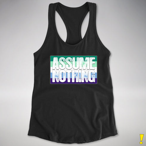 Assume Nothing Gay Male Pride Flag Racerback Tank - Black