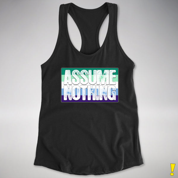 Assume Nothing Gay Male Pride Flag Racerback Tank - Black